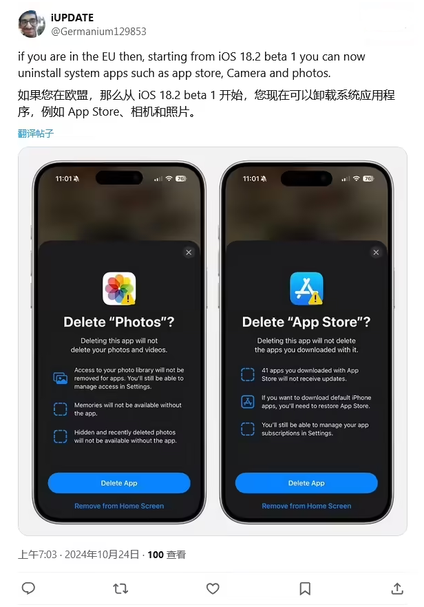 金州苹果手机维修分享iOS 18.2 支持删除 App Store 应用商店 