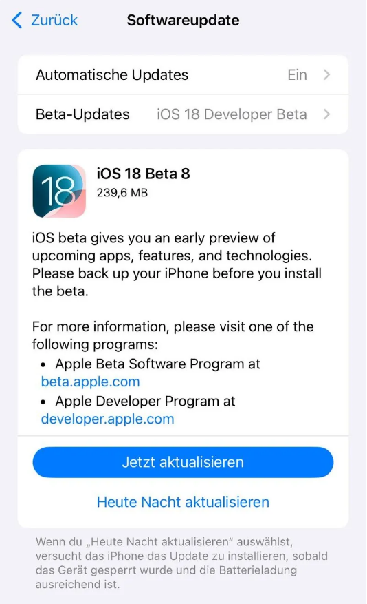 金州苹果手机维修分享苹果 iOS / iPadOS 18 开发者预览版 Beta 8 发布 